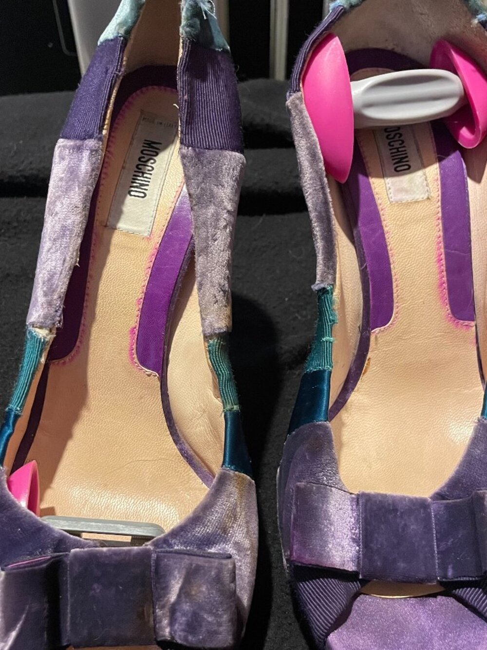 Moschino purple open-toe slingback heels with bow detail and colorful strap acce